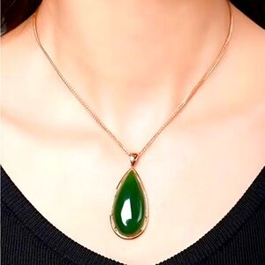 18k Gold-plated Water Drop Jade-ite Pendant Bohemian Style Women'Necklace NWT